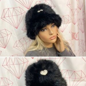 NWT Juicy Couture Black Faux Fur Hat with Rhinestone Heart Detail